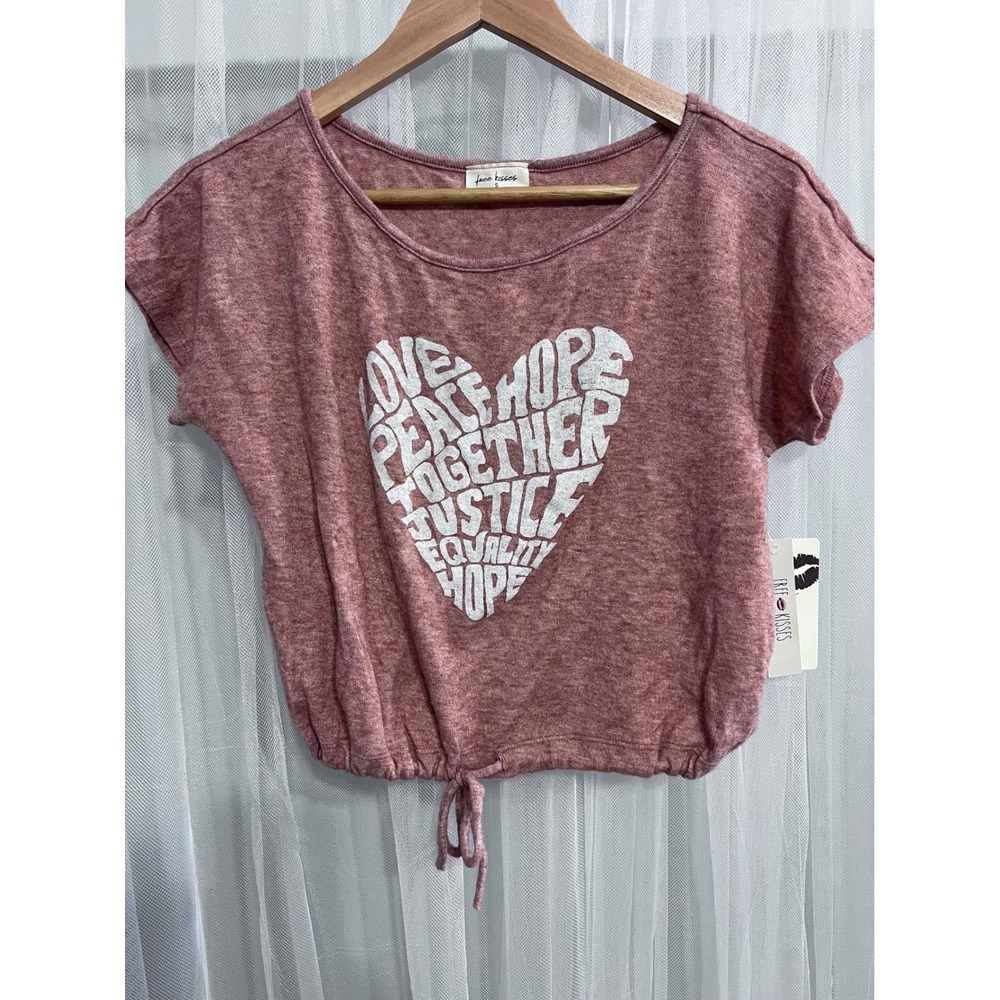 Free Kisses‎ Womens Mauve Pink Heart Graphic Drawstring Cropped Tee Shirt Small